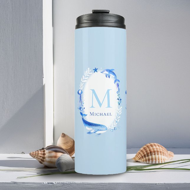 Garrafa Térmica Sob Animais do Mar Presente Náutico na Praia Perso (beach house tumbler personalized monogram sea animals whale dolphin blue nautical ocean grandchild )