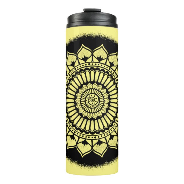 Garrafa Térmica Spirals Dots Flores Amarelo Negro Henna Mandala (Frente)