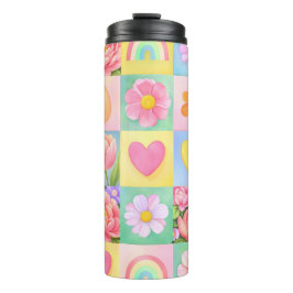 Garrafa Térmica Spring Floral Blossoms Heart Checkerboard Pattern