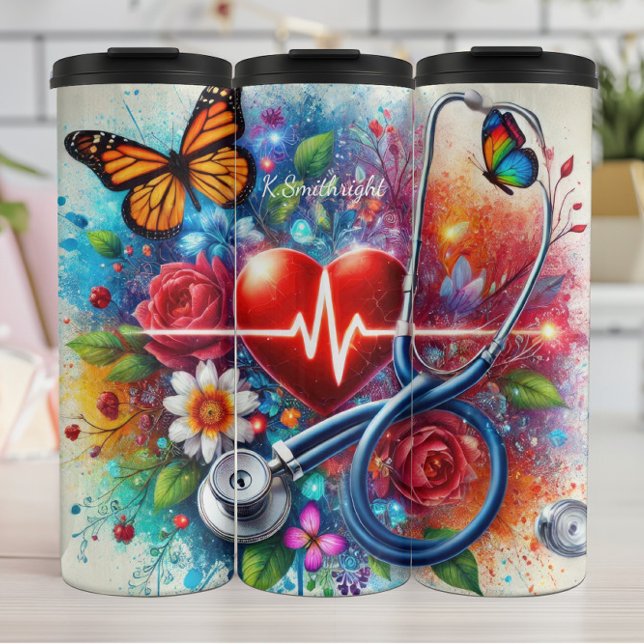 Garrafa Térmica Stethoscope Heart Butterfly Colorful Nurse (Criador carregado)