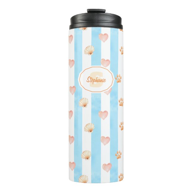 Garrafa Térmica Stripe Azul e Branco - Corações, Impressão de Vaca (Frente)