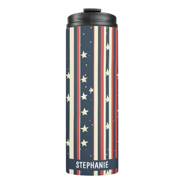 Garrafa Térmica Stripes Vermelhos, Brancos e Azuis com Estrelas (2 (Frente)