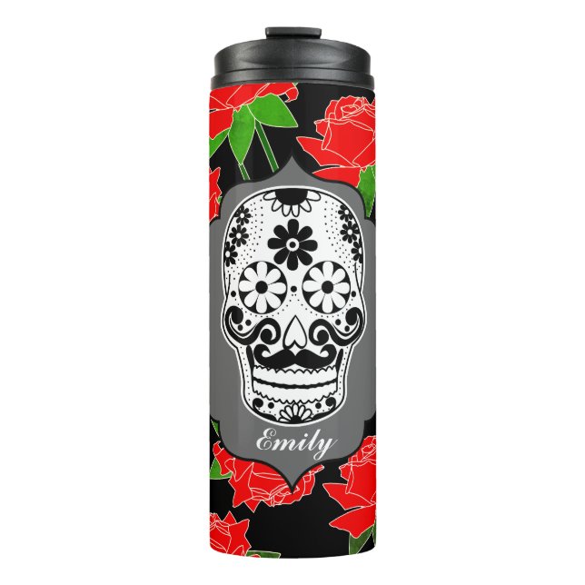 Garrafa Térmica Sugar Skull e Rosa vermelha Dia De Los Muertos (Frente)