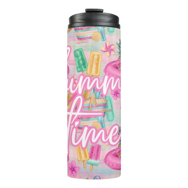 Garrafa Térmica Summer Flamingo Tumbler | Drinkware de praia rosa (Frente)