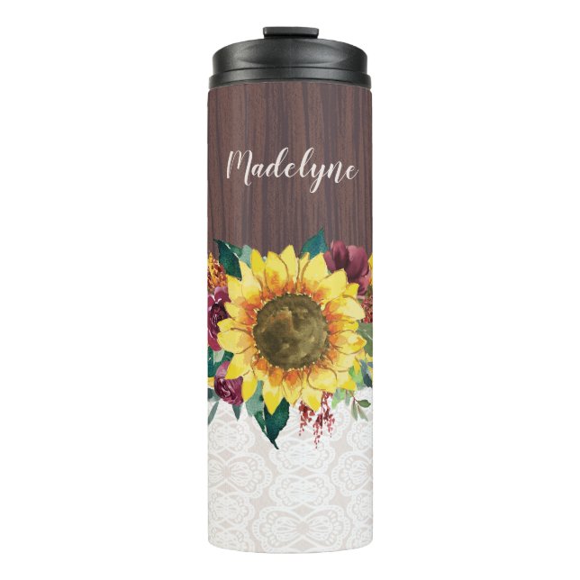 Garrafa Térmica Sunflower Floral Rustic Nome Personalizado (Frente)