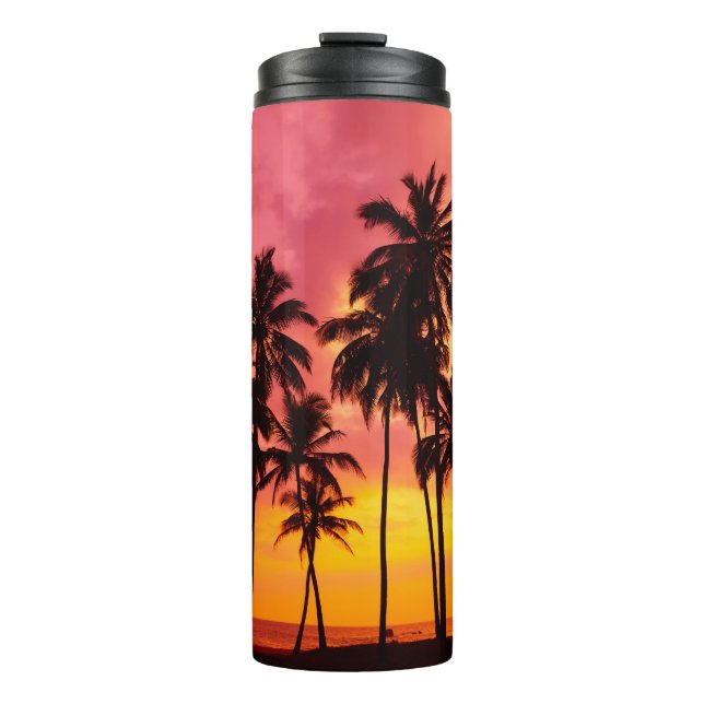 Garrafa Térmica Sunset Tropical: Serenidade Silhueta Palma. (Frente)