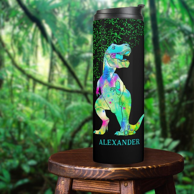 Garrafa Térmica T-Rex Dinossauro Adicionar Nome (Colorful T-Rex dinosaur custom name thermal tumbler with Jurassic jungle foliage )