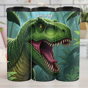 Garrafa Térmica T-Rex Verde Rugindo na Selva
