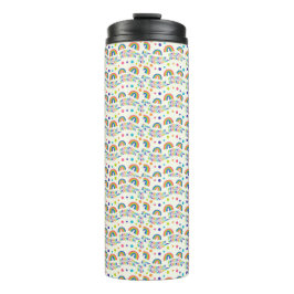 Garrafa Térmica Tall tumbler with a black lid, featuring a playful
