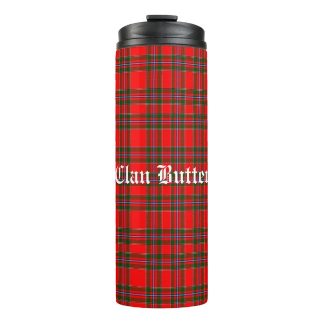 Garrafa Térmica Tartan da Manteiga do Clã e Texto Personalizado (Frente)
