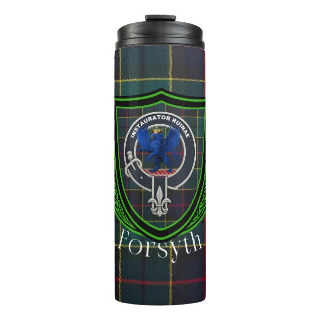 Garrafa Térmica Tartan e Brasão do Clã Escocês Forsyth (Frente)