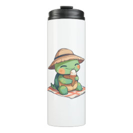 Garrafa Térmica Tartaruga Kawaii Chibi de Chapéu de Palha Comendo