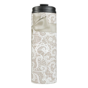 GARRAFA TÉRMICA TAUPE PÁLIDA COM ARCO DE LAÇO BRANCO