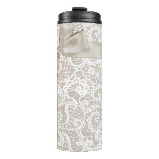 GARRAFA TÉRMICA TAUPE PÁLIDA COM ARCO DE LAÇO BRANCO (Frente)