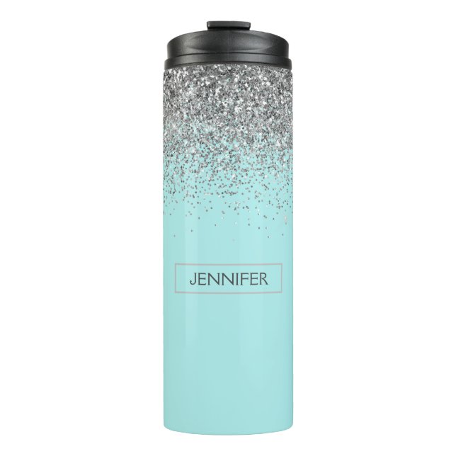 Garrafa Térmica Teal Aqua Blue Silver Glitter Girly Monographic No (Frente)