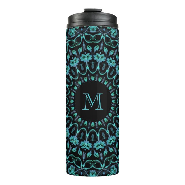 Garrafa Térmica Teal Floral Mandala Monogram (Frente)