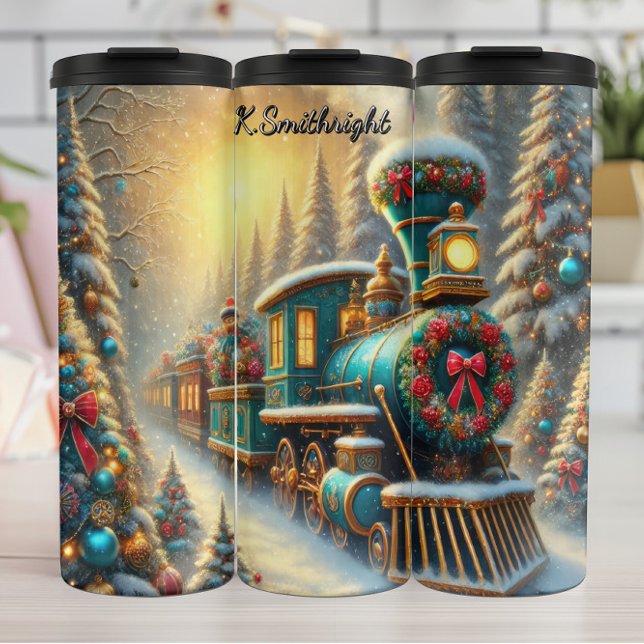 Garrafa Térmica Teal Gold Festive Train Snowy Forest (Criador carregado)