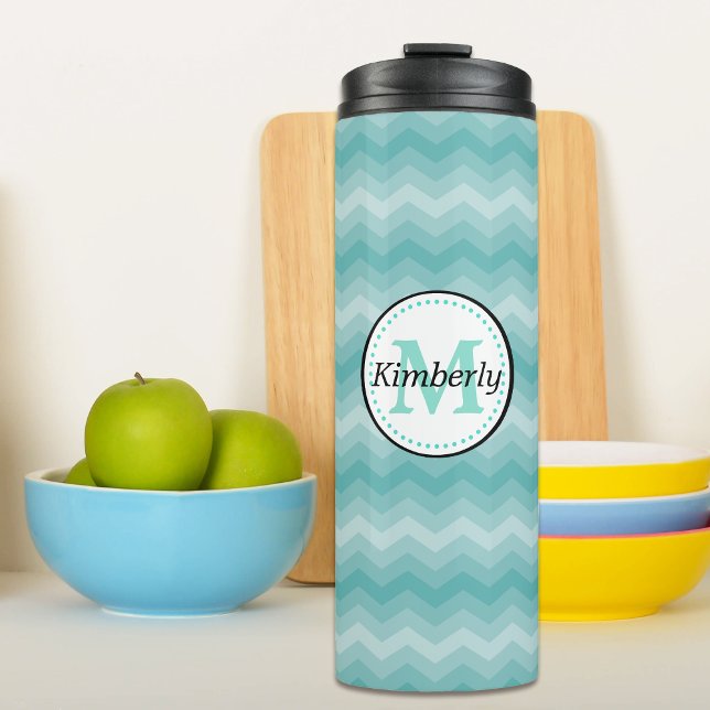 Garrafa Térmica Teal Ombre Chevron Monograma (Criador carregado)