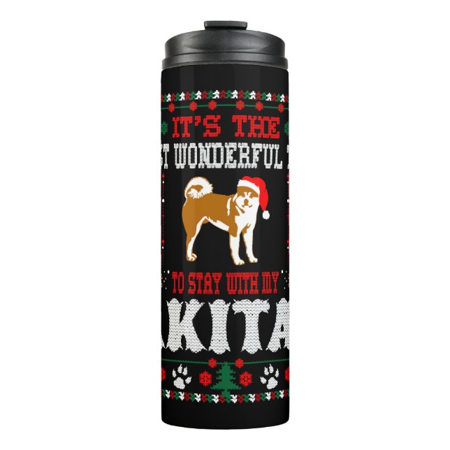 Garrafa Térmica Tempo Maravilhoso com Akita Christmas Ugly Sweater (Frente)
