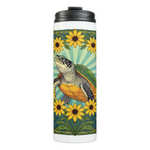 Garrafa Térmica Terrapin E Flores Black Eyed Susan Art Nouveau