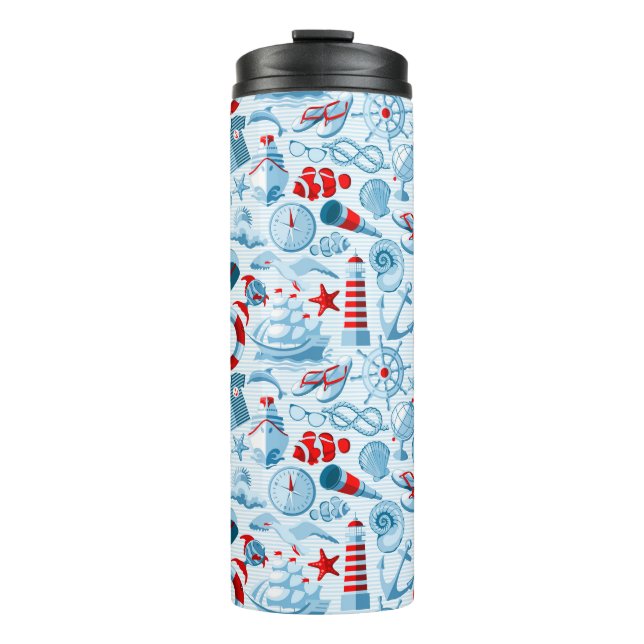 Garrafa Térmica Teste padrão branco e azul vermelho náutico (Frente)