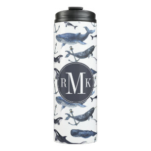 Garrafa Térmica Teste padrão da baleia & da âncora da aguarela