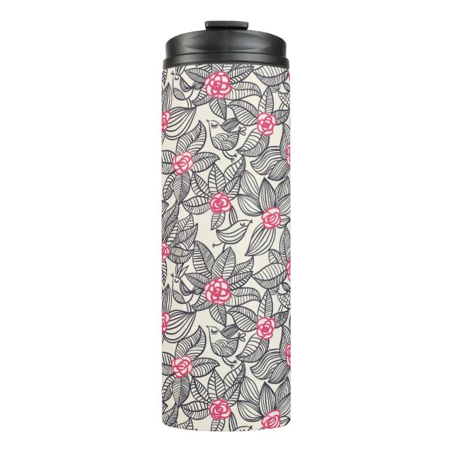 Garrafa Térmica Teste padrão floral com pássaros dos desenhos (Frente)