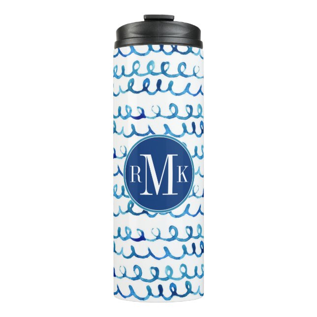 Garrafa Térmica Teste padrão ondulado da aguarela azul pintado mão (Frente)