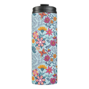 Garrafa Térmica Textura perfeita com flores e borboletas. Fim