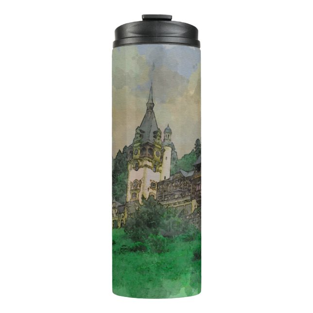 Garrafa Térmica Thermal Tumbler Peles Castle Romênia Watercolor (Frente)