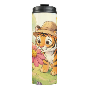 Garrafa Térmica Tigre jovem fofo com chapéu no jardim