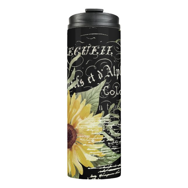 Garrafa Térmica Tipografia venosa e girassóis a preto (Frente)