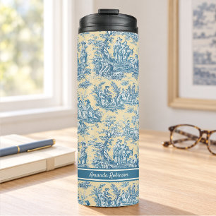 Garrafa Térmica Toile de Jouy Amarelo Azul Vintage Francês