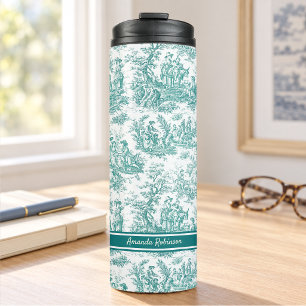 Garrafa Térmica Toile de Jouy Azul Turquesa Vintage Francês