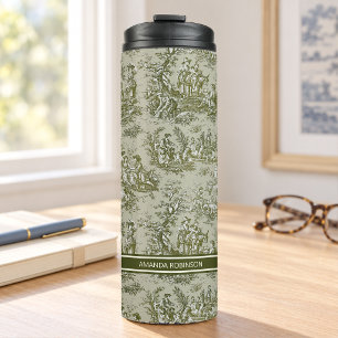 Garrafa Térmica Toile de Jouy Cinza Verde Vintage País Francês