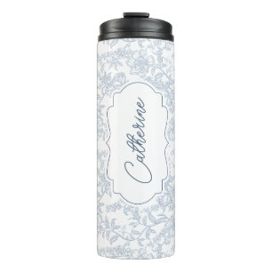 Garrafa Térmica Toile Floral Azul com Personalização em Letra Curs