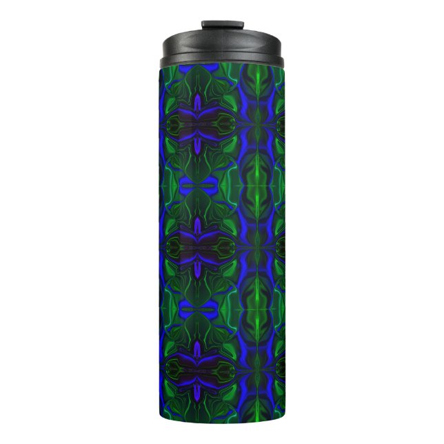 Garrafa Térmica Traços azuis é 'flutu ando' sobre fundo. (Frente)