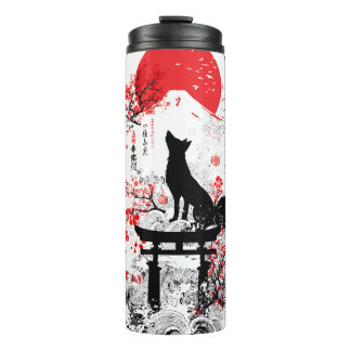 Garrafa Térmica Traditional Red Black Japanese Kitsune Fox with Mo