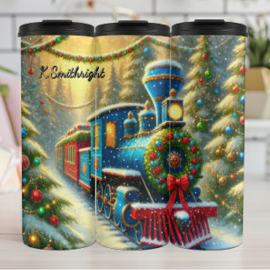 Garrafa Térmica Trem de Natal Azul Vermelho Ornamentado Floresta