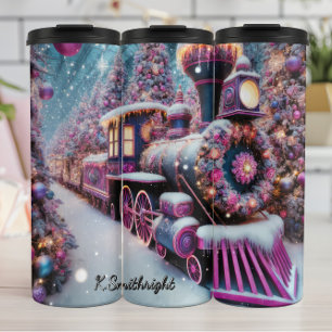 Garrafa Térmica Trem de Natal Mágico Rosa Roxo País das Maravilhas