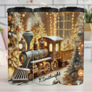 Garrafa Térmica Trem Vintageiro Janela Festiva Árvores de Natal