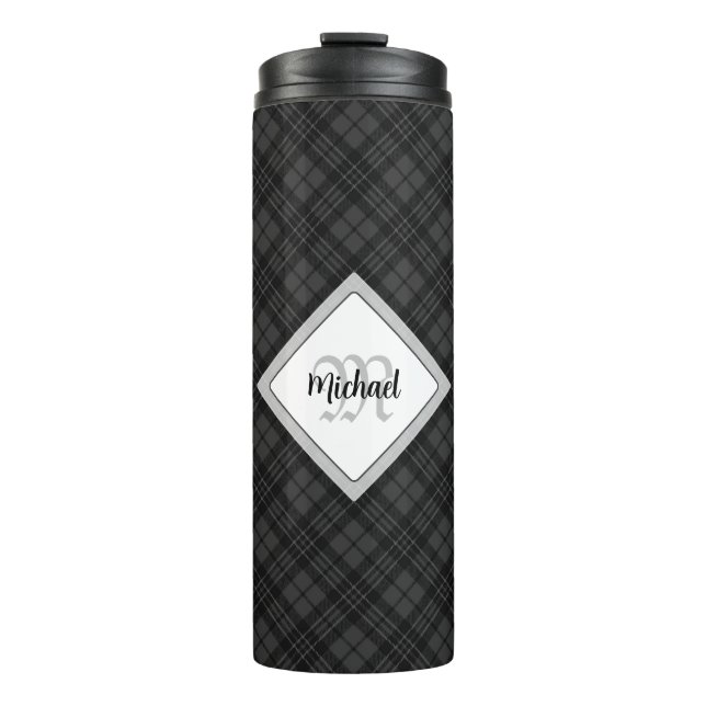 Garrafa Térmica Trendy Black White Tartan Personalize Monograma (Frente)