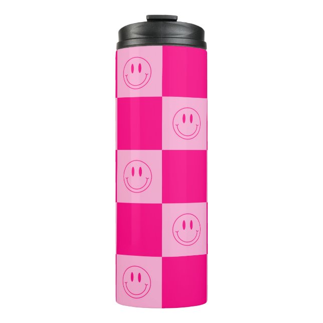 Garrafa Térmica Trendy Hot Pink Checkered Cute Happy Face Sorrindo (Frente)