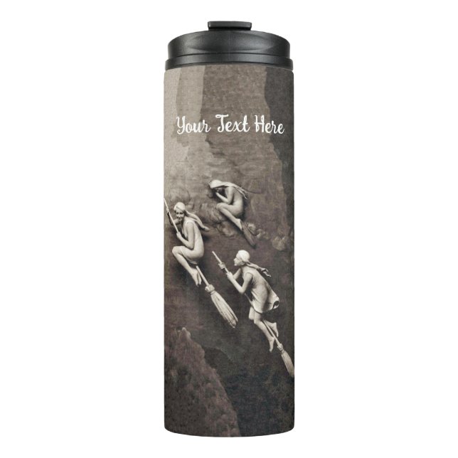 Garrafa Térmica Três Bruxas Brancas Voando em Brooms Misturando Ca (Frente)