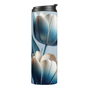 Garrafa Térmica Tulipas Azuis e Brancas Elegantes