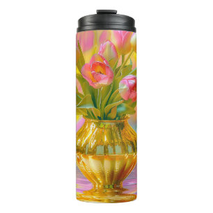 Garrafa Térmica Tulipas Rosa Vibrantes em Vase Ouro