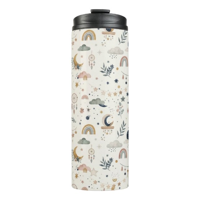 Garrafa Térmica Tumbler Boho Celestial | Lua e Estrelas Neutras (Frente)