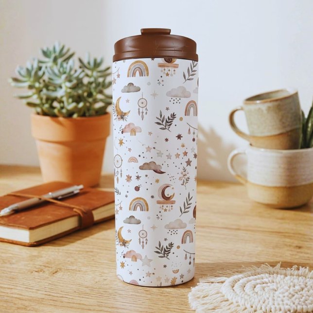 Garrafa Térmica Tumbler Boho Celestial | Lua e Estrelas Neutras (Trendy boho rainbow travel mug. Durable & stylish insulated stainless steel tumbler, cozy gift!)