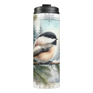 Garrafa Térmica Tumbler de Aquarela Evergreen Chickadee Bird