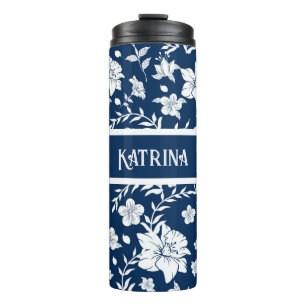 Garrafa Térmica Tumbler Decorativo Floral Azul Marinho Branco Pers